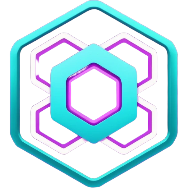 futuristic minimalistic glowing hexagon icon, neon purple and cyan glow, dark background, tech modern symbol, 1:1 aspect ratio, no face emoji