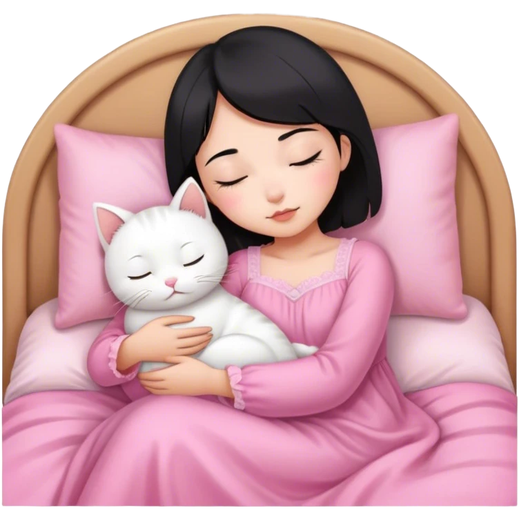 White cat sleeping with Asian girl short hair in pinky bed  emoji