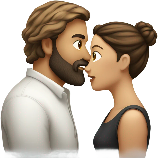 bearded man white with brown hair in a bun kissing a brunette woman emoji