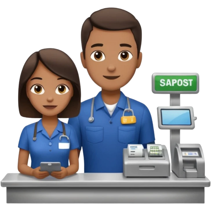 Supermarket employee at a cash register, full body, serving a man emoji