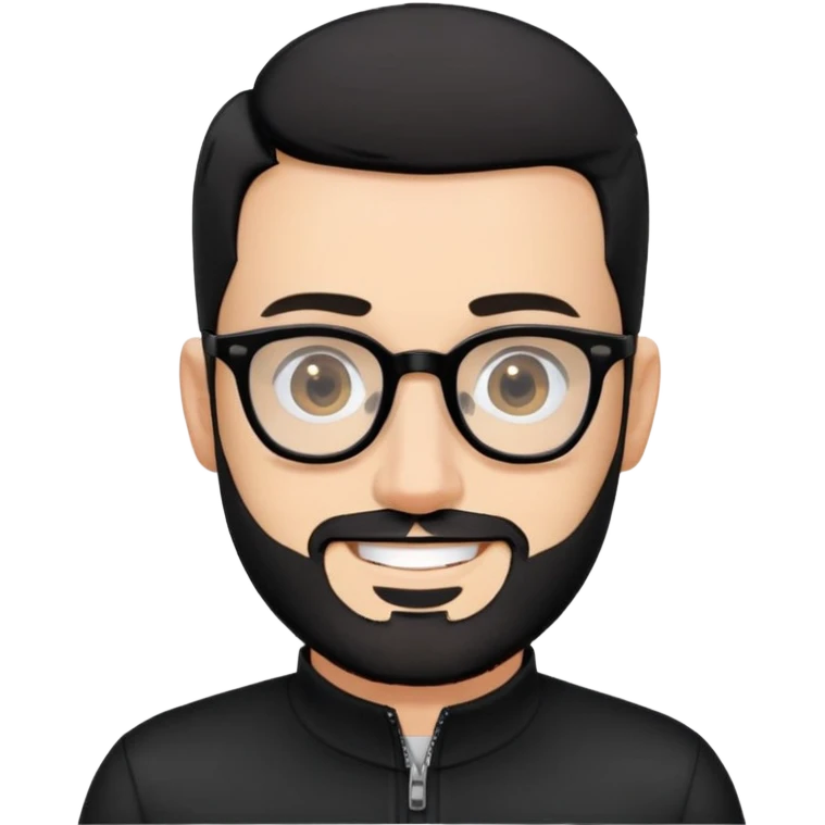 Fair-skinned man with almost buzz cut black hair (extremely short but not completely shaved), short salt and pepper beard, large black-framed glasses, smiling, wearing black long sleeve zip shirt at neck emoji