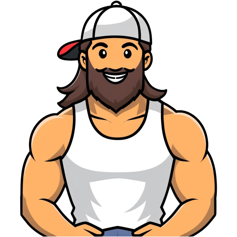 Muscular man with mid-long hair wearing a hat, big beard, smiling, white tank top emoji