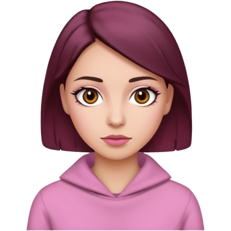 Woman with pink all skin, white background, dark brown hair and hazel eyes and brown eyebrows emoji