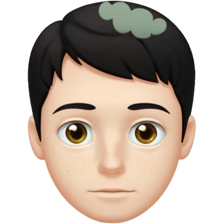 A boy with dark black hair and hazel green and brown eyes and white skin , with freckles and black t shirt  emoji