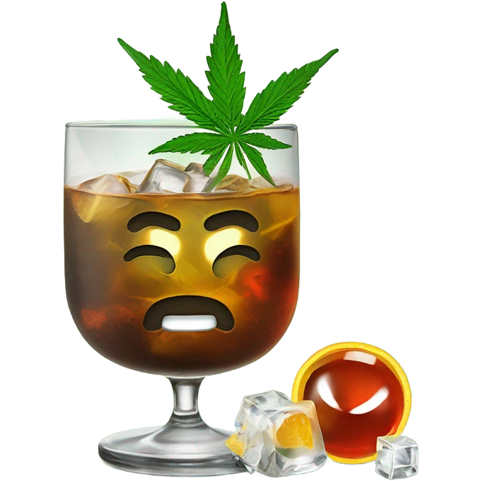 infused cocktail in rocks glass with cannabis garnish, straw and ice emoji