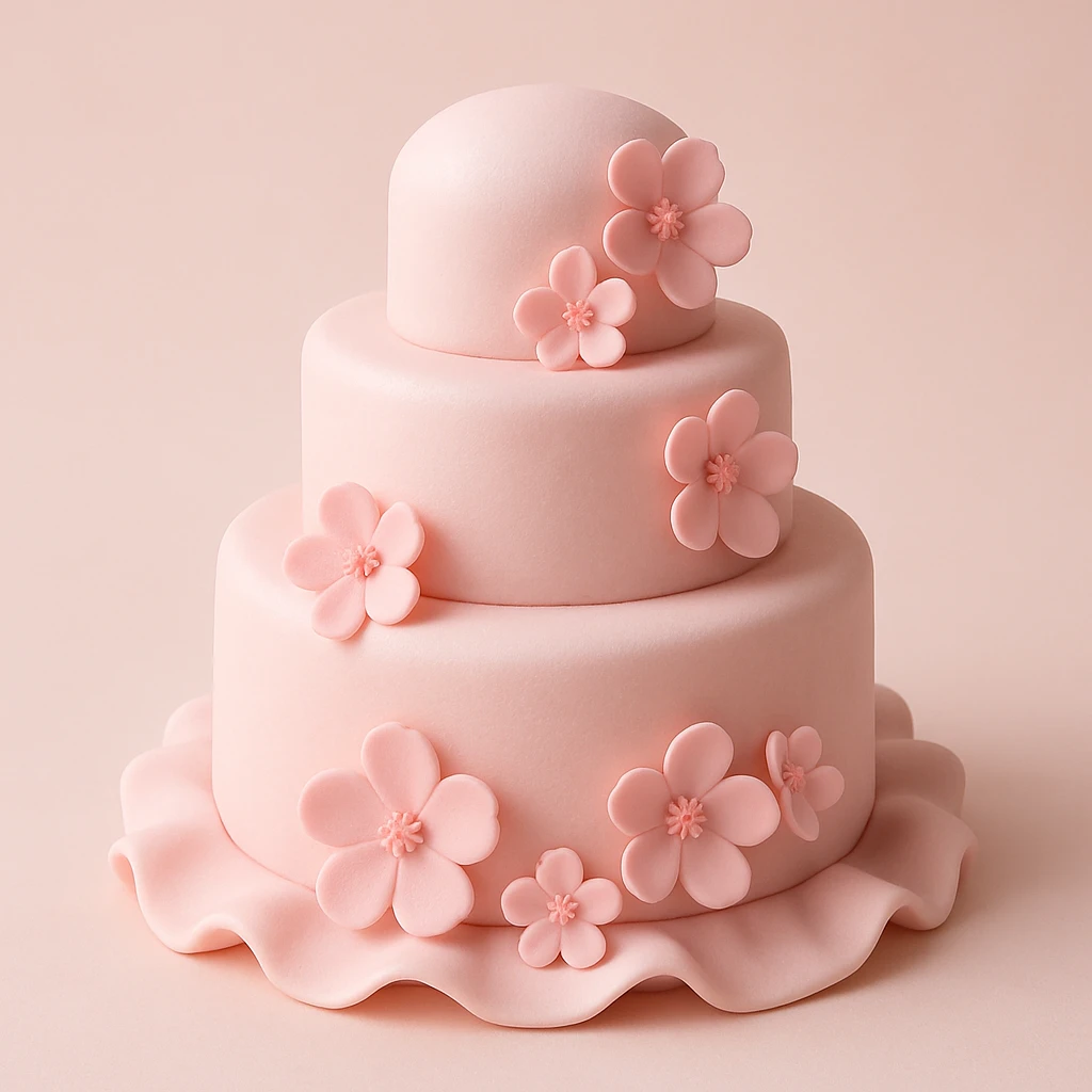 wedding cake with pink fondant flowers and a light pink background emoji