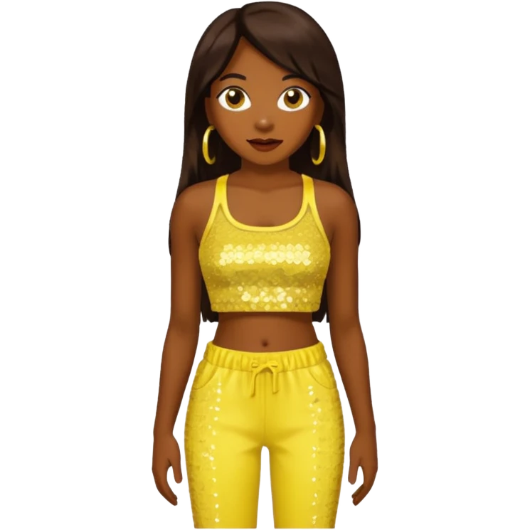 Chilli from TLC with long dark brown hair, yellow sequin crop top and pants, dark skin  emoji