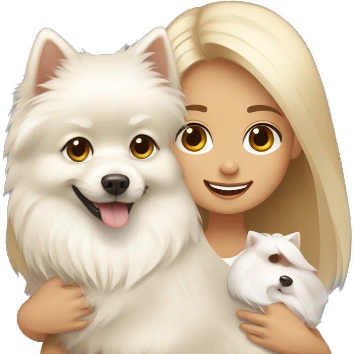 Blond girl hugging white Pomeranian and brown Pomeranian  emoji