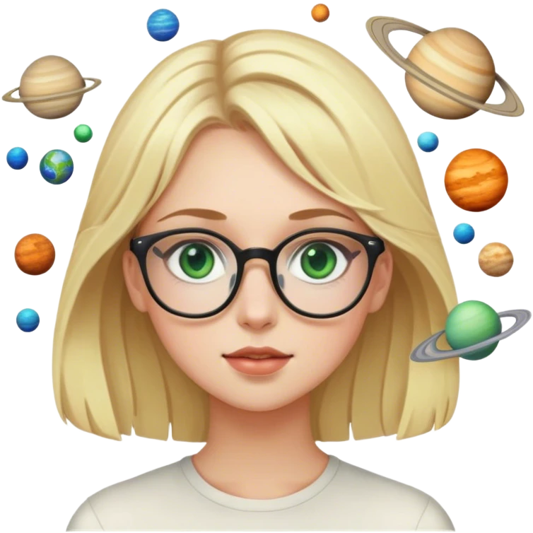 A blonde girl with green eyes and glasses with many planets around her emoji