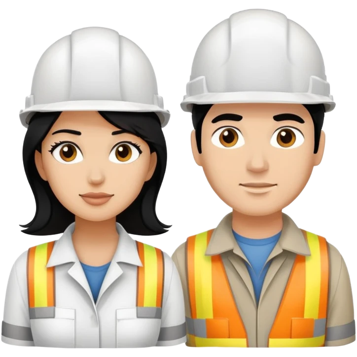 Woman and man builders with black hair and white construction helmets emoji