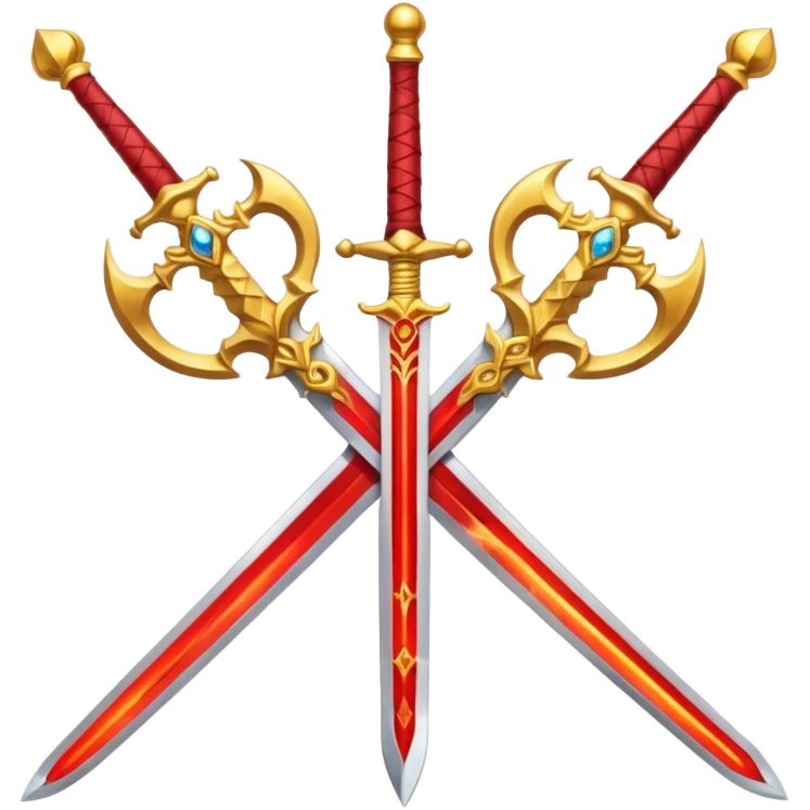 Two crossed swords that are golden in blade and handle and have fiery and royal appearence to them as well as red gem stones yellow in color emoji