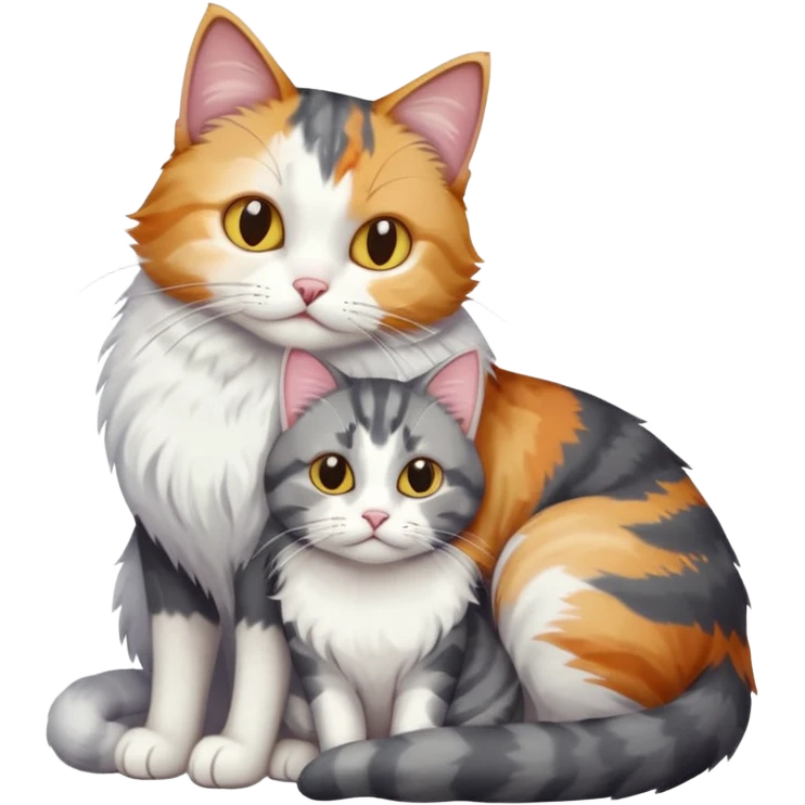 full body colourful light patched calico + white tabby cat cuddling a large grey and white cat  emoji