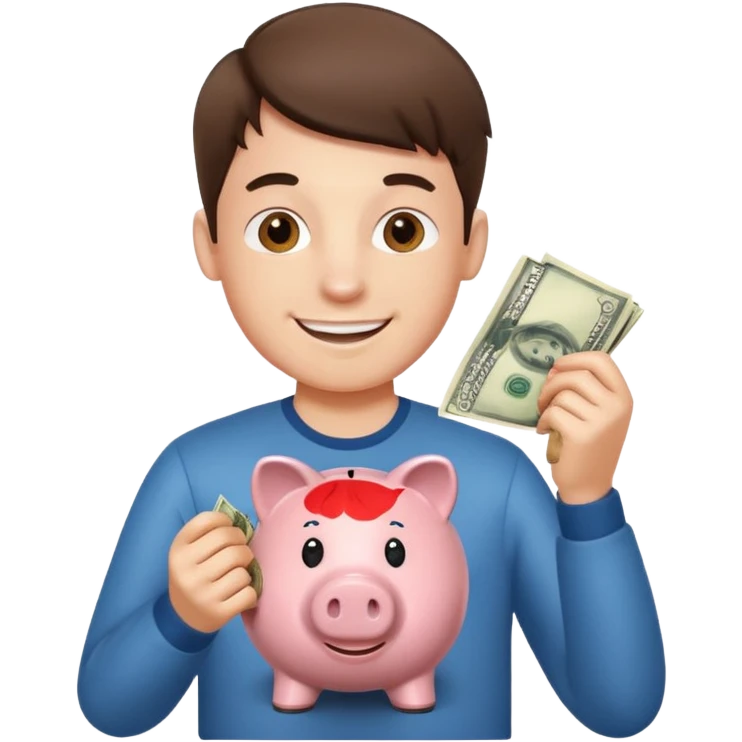 A young guy puts money in a piggy bank. emoji