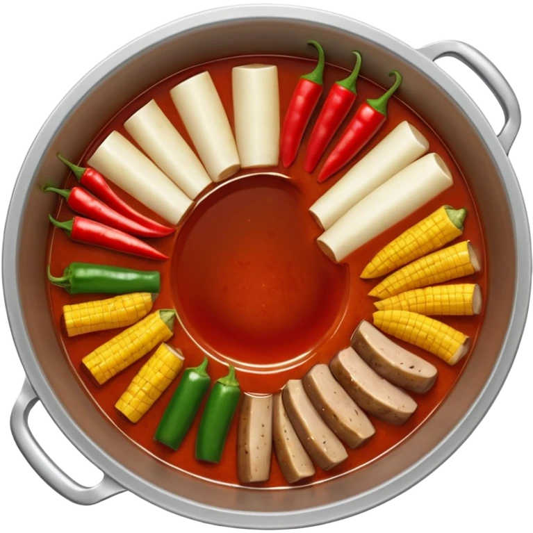 A hot pot emoji in top-down view. The pot is divided into two sections: one with spicy red broth filled with chili peppers, and one with mild white broth. Surround the pot with rolled slices of meat, vegetables, and mushrooms. emoji