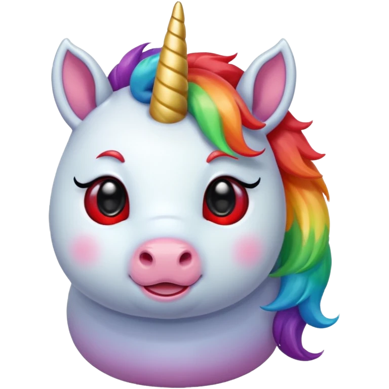 Small chubby unicorn in colour jade, black and red eyes, faring rainbow emoji