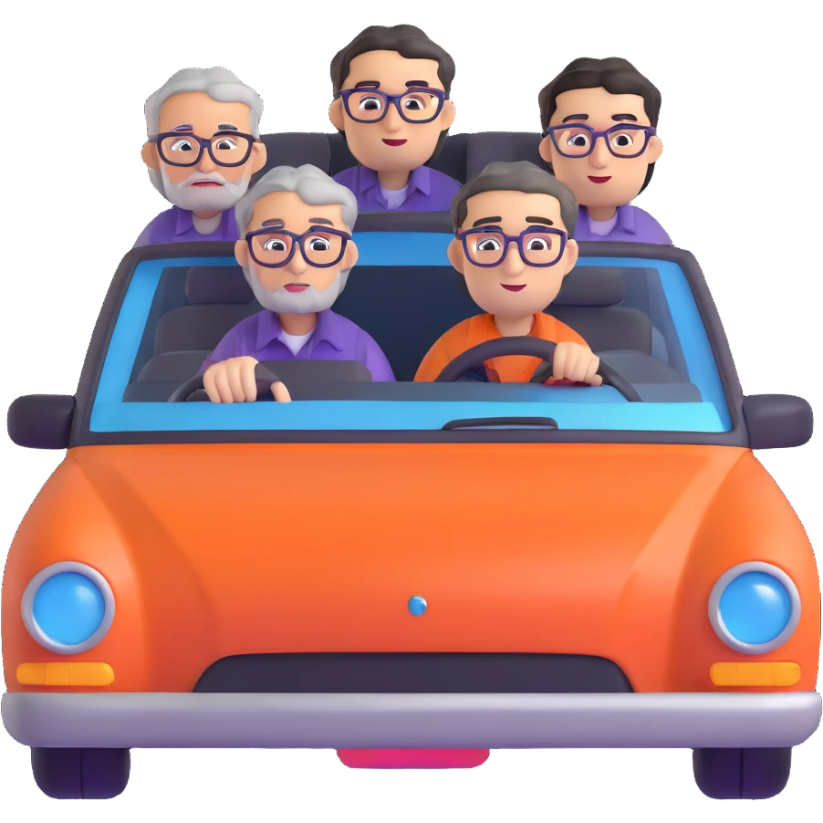 orange car front view with three people inside: driver man with purple shirt, stubble, round face; front seat man with gray hair, glasses, checkered shirt, round face; back seat man with black hair, glasses, black t-shirt, sharp face emoji