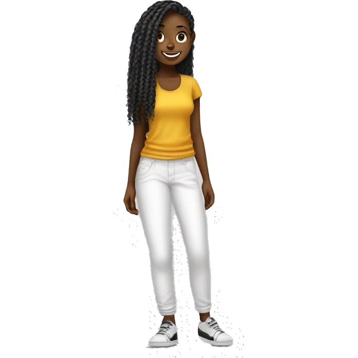 une fille africaine les cheveux tressés portan un tshirt blanc un pantalon noir des baskets blanches et souriante. emoji