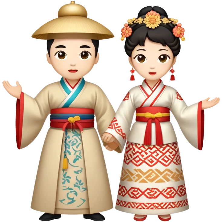 Cinematic Realistic scene of two performers engaging in Ganggangsullae, dressed in traditional Korean costumes with intricate patterns and graceful movements, illuminated by soft, festive lighting that accentuates the cultural ambiance emoji