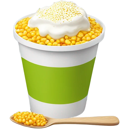 A white plastic cup filled whit yellow corn kernels, topped with grated cheese, white cream, chili powder, and a plastic spoon, with a hint of lime emoji