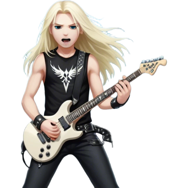 Icon for Heavy Metal: a metal band on stage, with electric guitars, drums, and a powerful vocalist. The atmosphere is intense with flashing lights, music notes, and a crowd of fans. The design should capture the energy and power of a live heavy metal performance. Transparent background. emoji