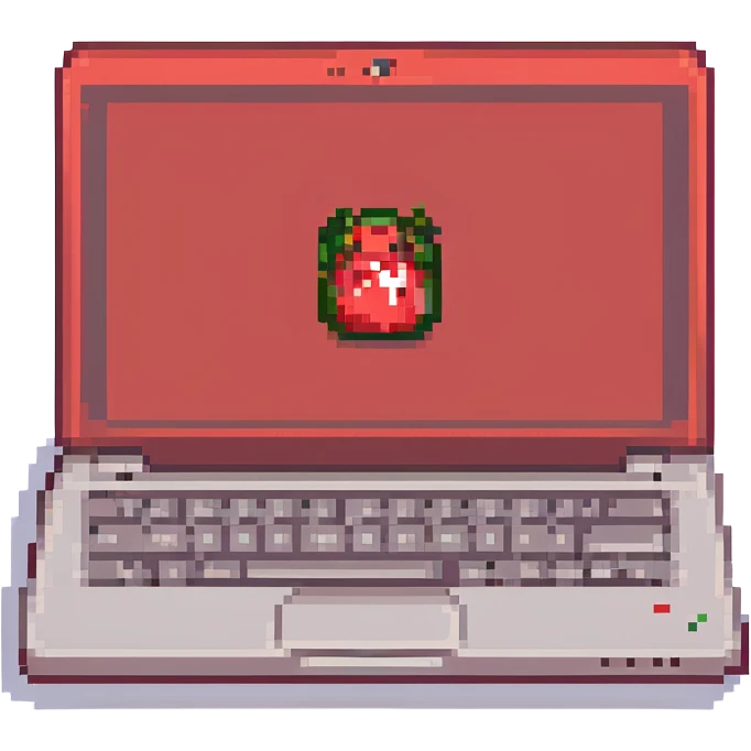 red laptop with a logo that says 'cmv' on the back, pixel art style emoji