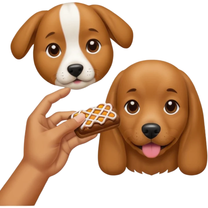 trainer hand holding a treat in front of a dog emoji