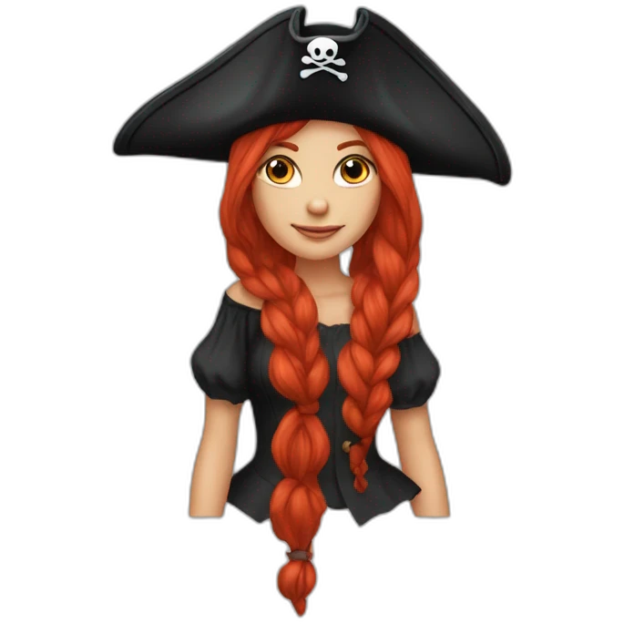 Woman long red hair in a platt .pirate hat. One side of head has no hair. skull and crossbones t shirt emoji