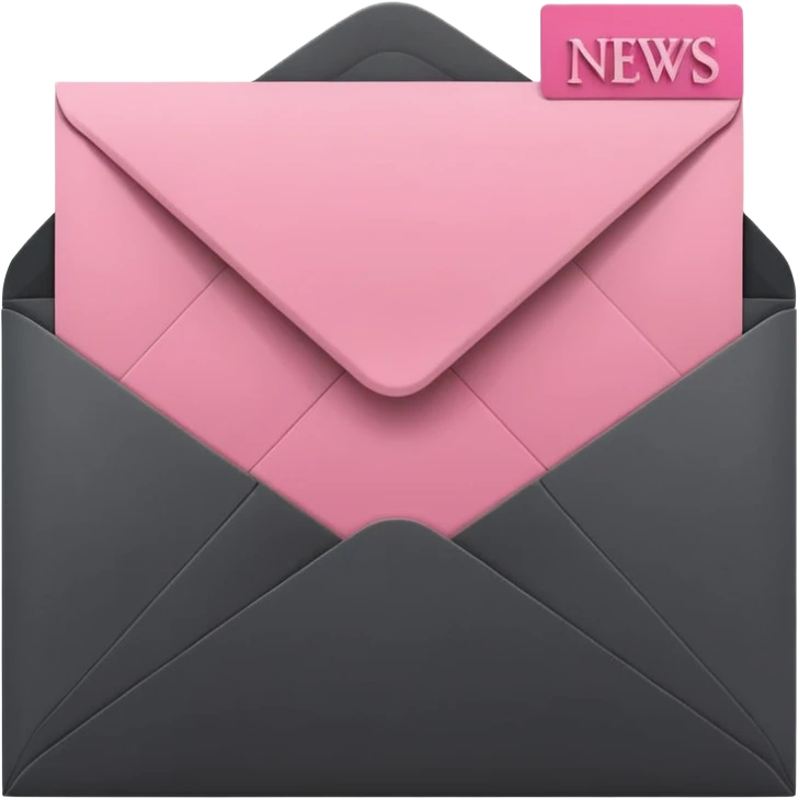 A minimalist 3D icon of an open envelope with a card inside that says 'NEWS', flat design style, colors: deep charcoal black (#000000) and soft accent pink (#f9a8d4), clean lines, high contrast, isolated on a black background, high resolution. emoji