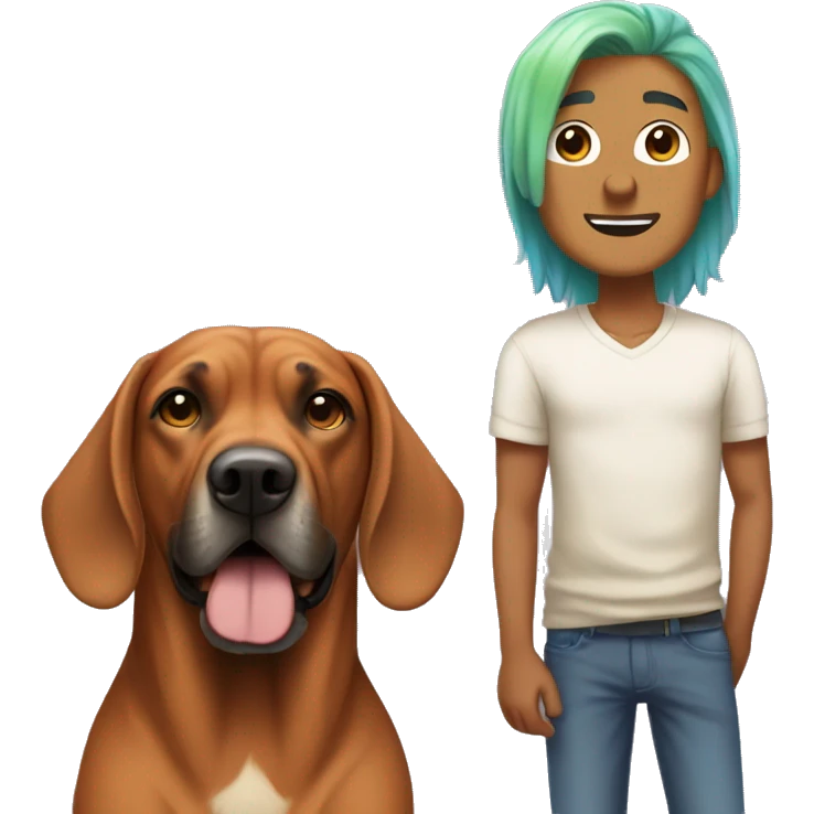 white male with long rainbow colored hair standing alongside a brown rhodesian ridgeback emoji