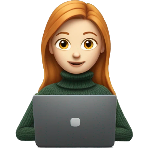 ginger girl with long hair in turtle neck sweater working on a laptop emoji