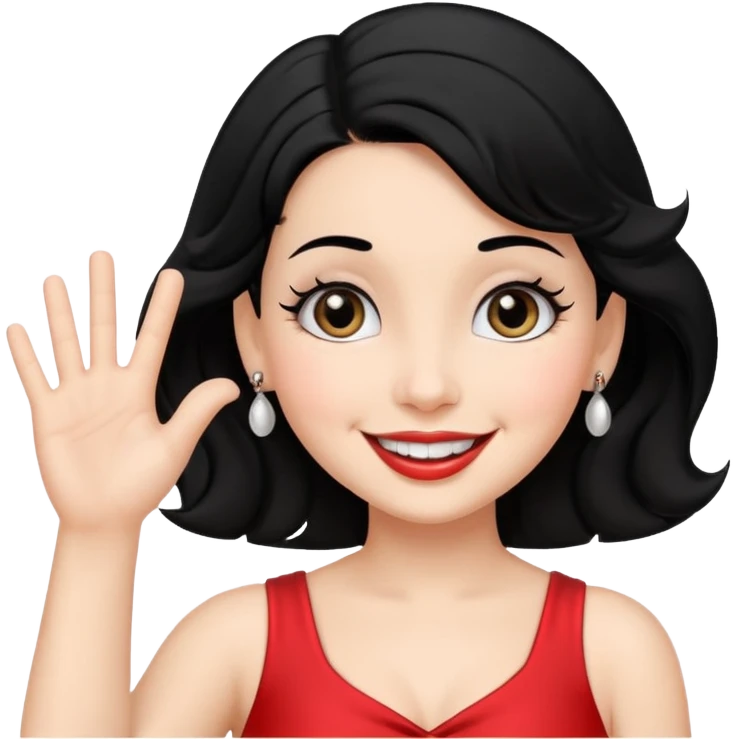 Do not change the face I already created, I want her with Betty boop face and black hair saying happy hello waving her hand emoji