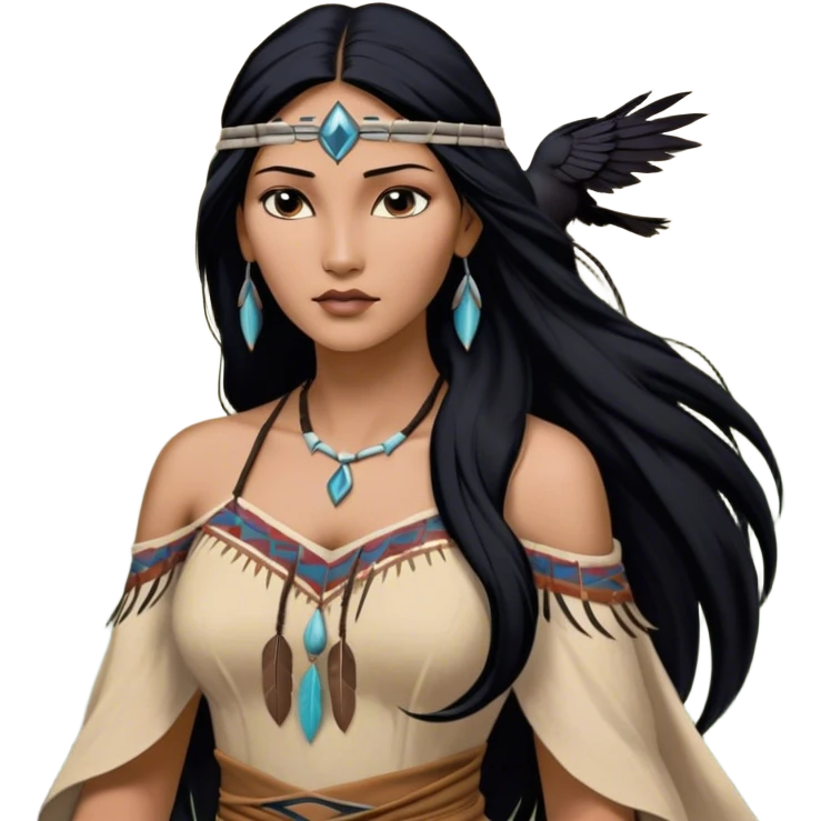 Cinematic Realistic Pocahontas Portrait, depicted with lifelike skin texture, soft natural lighting, and intricately detailed long, flowing raven-black hair that moves gracefully in the wind. Her deep, soulful dark brown eyes exude wisdom and strength, complemented by a serene yet powerful expression. She is dressed in her classic one-shoulder native american dress, with rich fabric textures and delicate beaded details that catch the light beautifully. The portrait features a soft, sun-kissed glow with a natural, radiant finish, capturing the essence of untamed beauty and deep connection to nature in a realistic and painterly style, evoking a sense of depth and authenticity. emoji