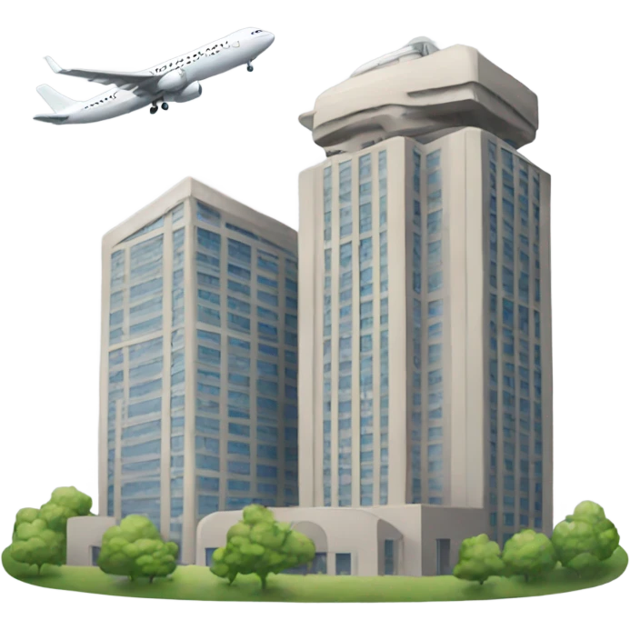 Large building towers with an airplane emoji