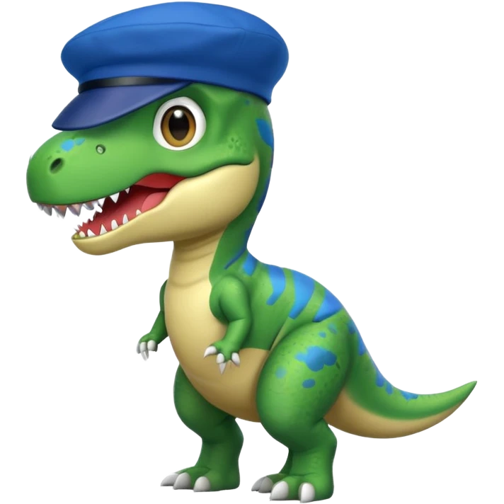 Let’s do a cute green T Rex dinosaur with a blue beret hat French  emoji