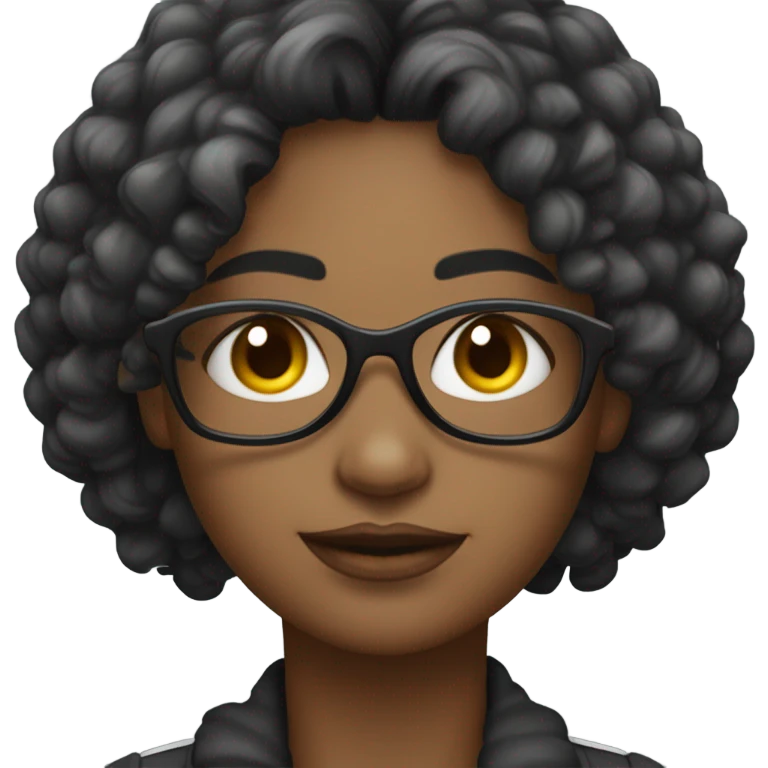 Uma mulher com cabelo escuro ,usando óculos de grau com armação preta com um colar de contas com uma pena  emoji