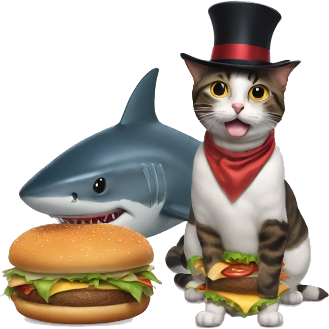 burger cat with shark pet that has a tophat emoji