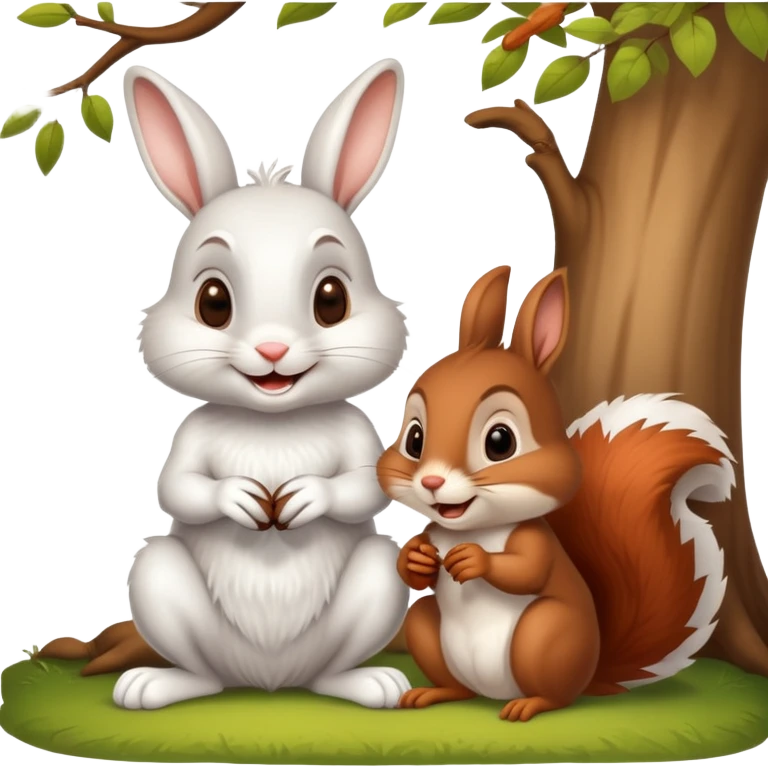 "The white rabbit and brown squirrel are sitting under a tree. The rabbit is smiling and suggesting a race to the squirrel. emoji