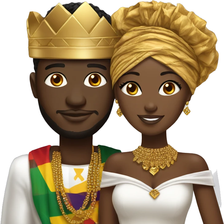 Ghanaian bride and groom. Gold jewelry and gold head crown with white off shoulder dress. Kente Cloth emoji