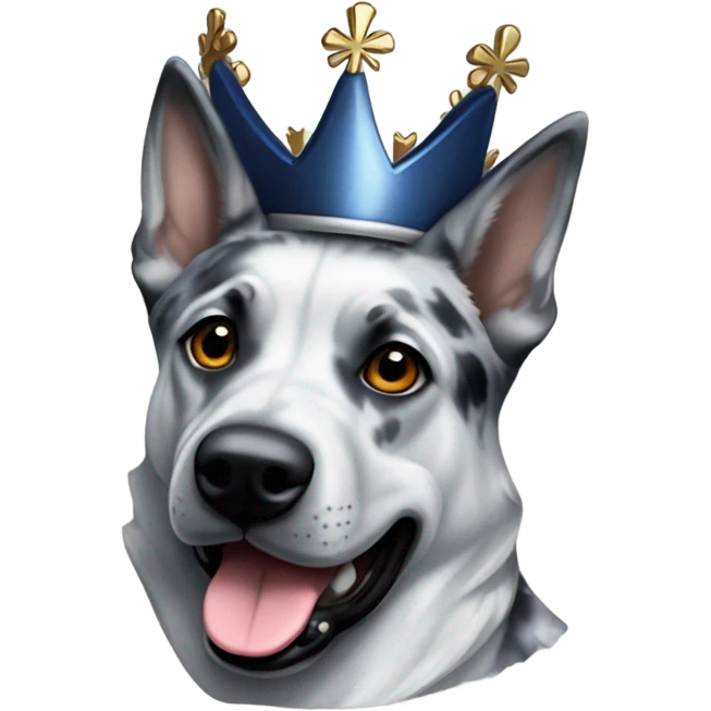 A malinois dark blue merle color with a crown on his head emoji