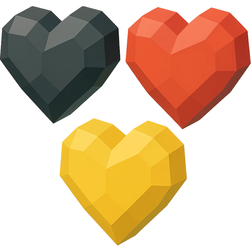 Make the hearts 3D with a minimalistic icon style, keeping the German flag arrangement, no background. emoji