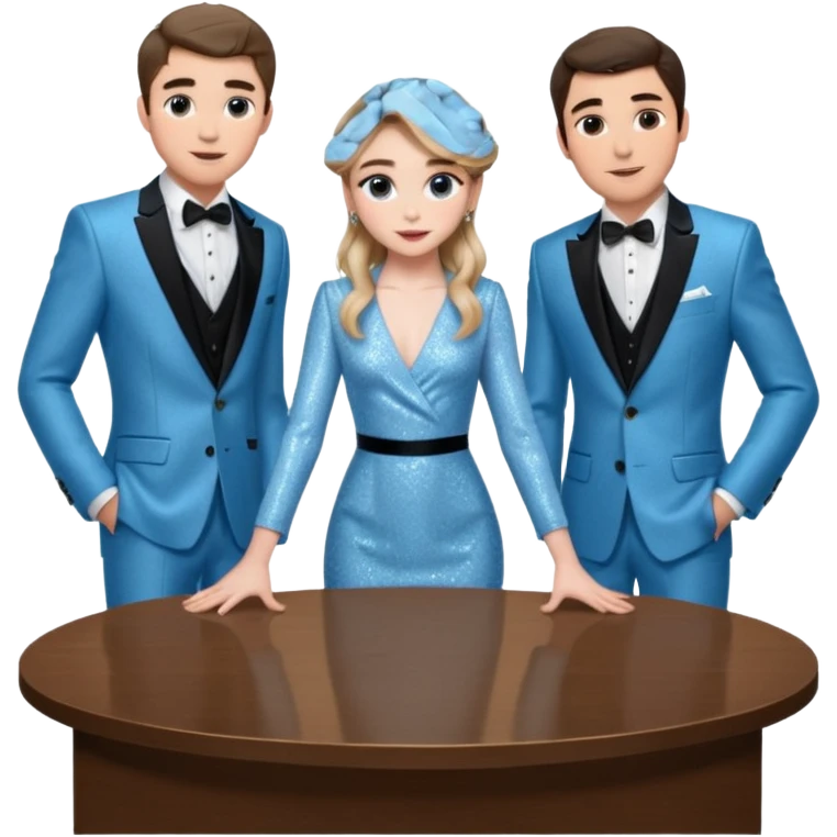 Sabrina carpenter in a light blue sparkly dress at a table with 3 handsome men, and she is standing up reaching over  emoji