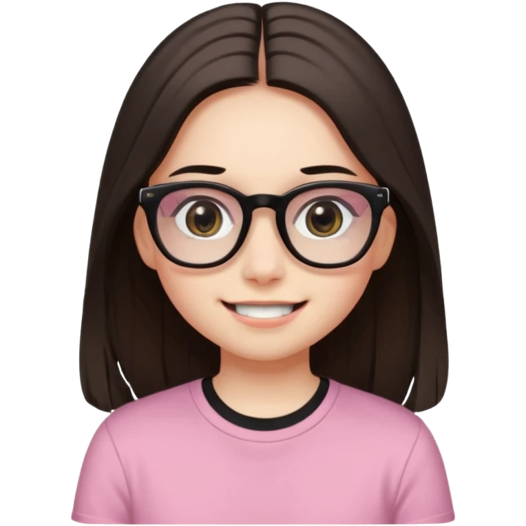 The girl with dark straight long hair, divided in the middle hairstyle, white skin, black eyes, wearing black shirt and tortoise framed glasses. The mounth is light old pink, smile with no teeth. emoji