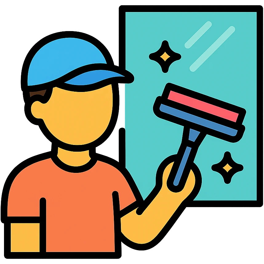 person cleaning a window with a squeegee, clear and simple, vibrant colors emoji
