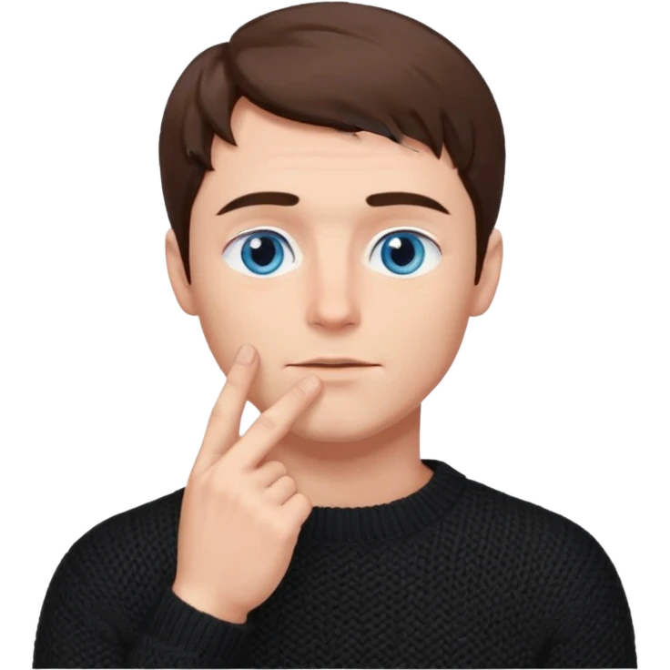 man in black knitted sweater in thinking pose, blue eyes brown hair, index finger touching his chin, eyes looking up to the top right emoji