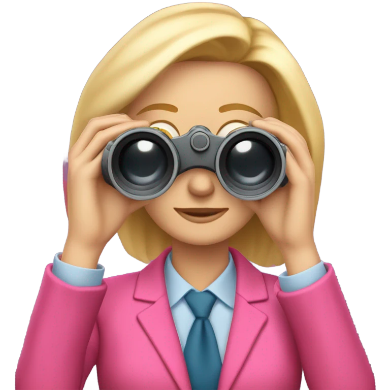 white female employee with loose blonde hair wearing intensive color pink suit looking in binoculars emoji