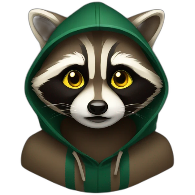 brown raccoon with yellow eyes and a dark green hood emoji
