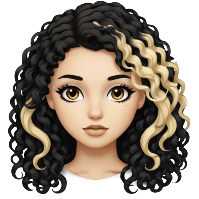 split dye leftside blonde rightside black-brown hair, baddie, pretty makeup, black eyeliner, long and curly hair emoji