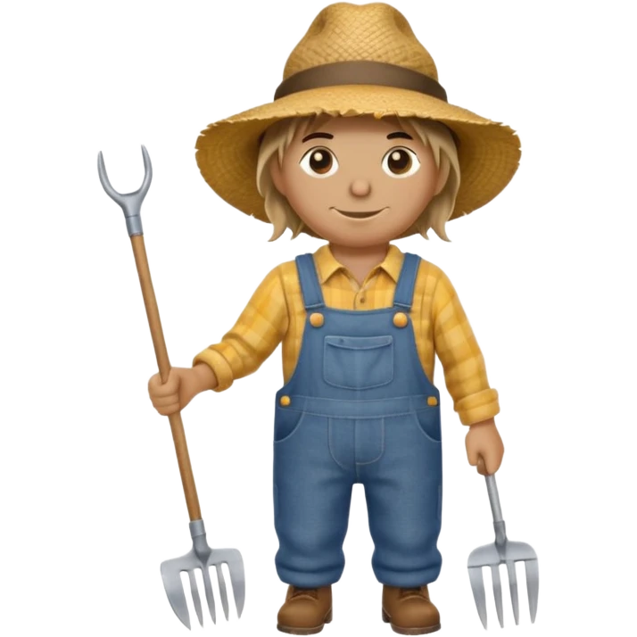 Scarecrow, Dressed like a farmer with overalls, straw hat, and a rake tucked in one arm. emoji
