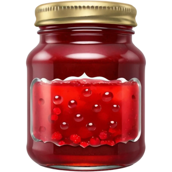 small glass jar filled with vibrant red jam, thick texture with air bubbles and fruit bits, simple metallic lid, small blank label, 3D-rendered, clean, softly lit, subtle reflections on glass, soft shadows, no anthropomorphic features, transparent background, emoji scale, high clarity emoji