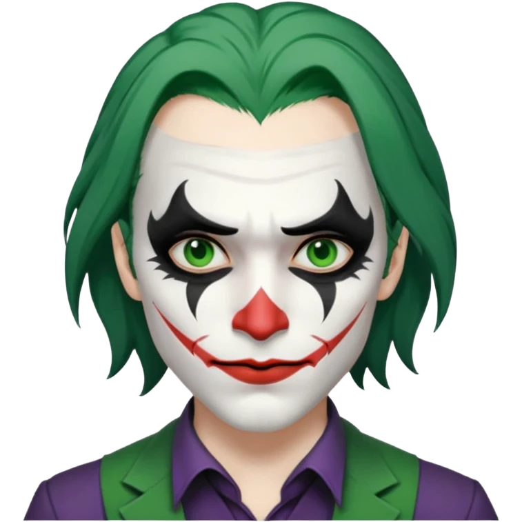 Faça uma pessoa com cabelo preto e pouco grande para frente com cara de coringa emoji